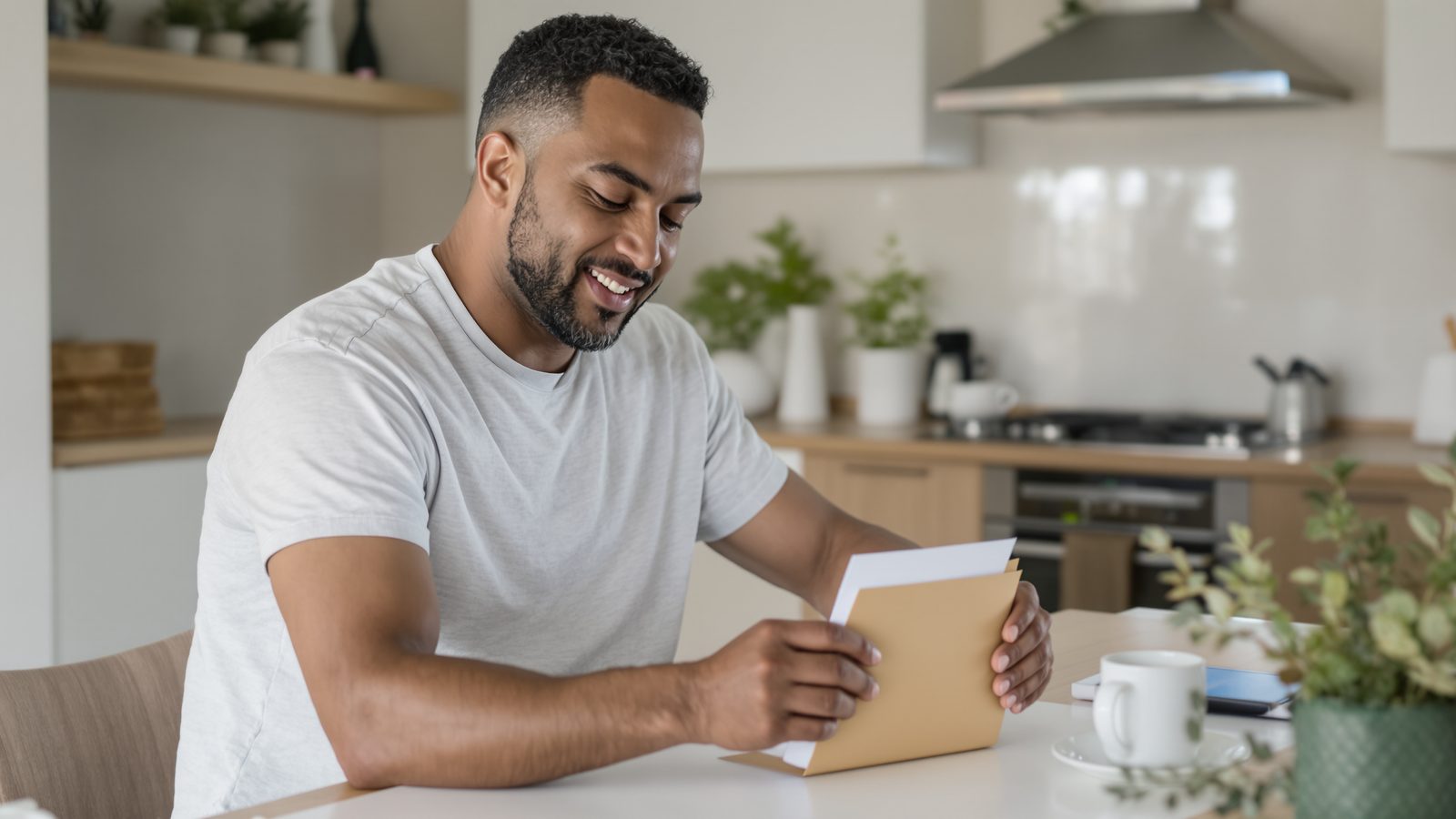 A man reviewing a small at-home lab test kit at a bright kitchen table