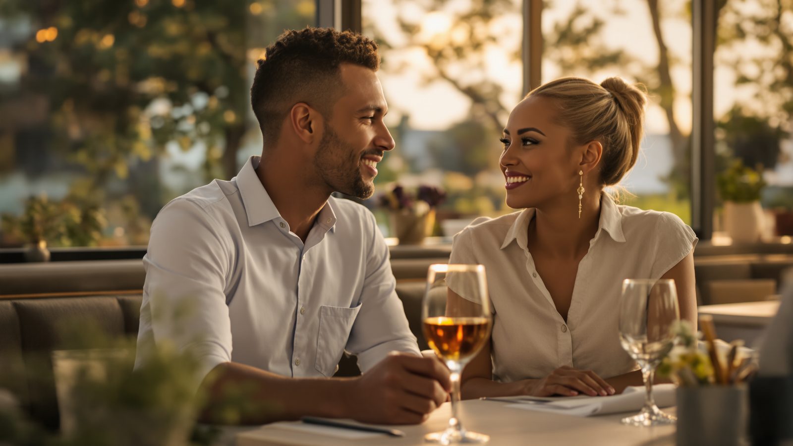 A relaxed couple sharing a quiet dinner conversation in the evening