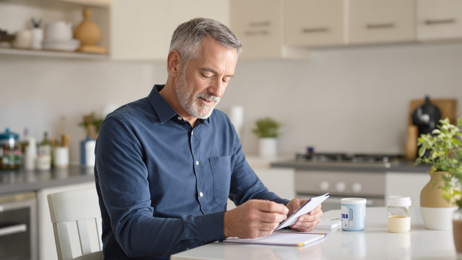 A man reviewing a medication list with a clinician during a telehealth consultation