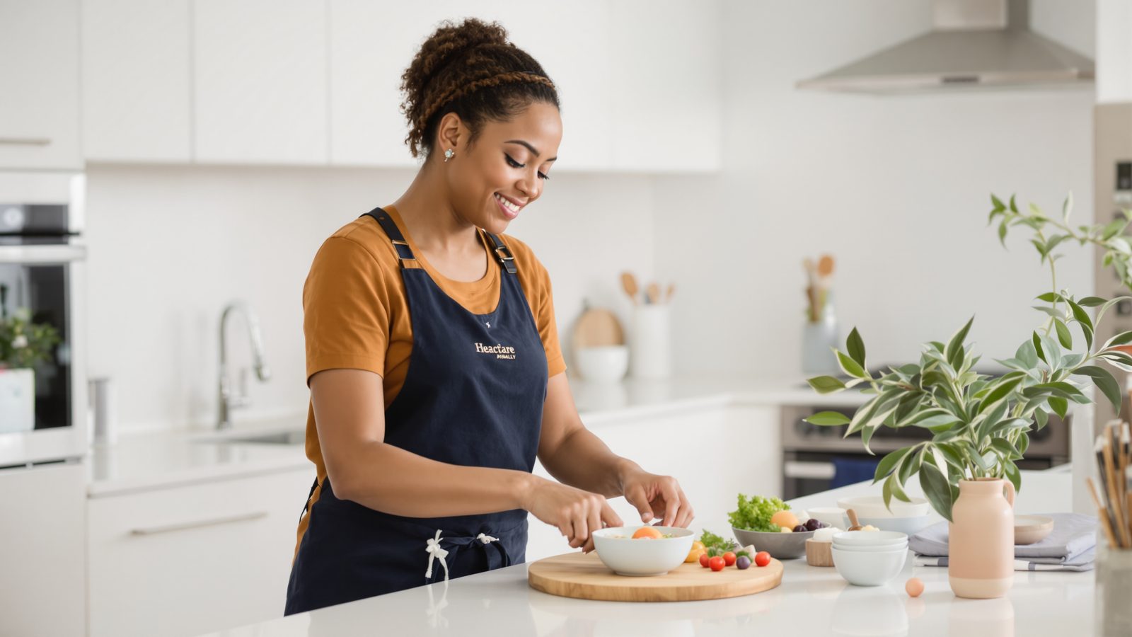 A person calmly preparing a simple meal at a sunlit kitchen counter, present and unhurried rather than distracted by food