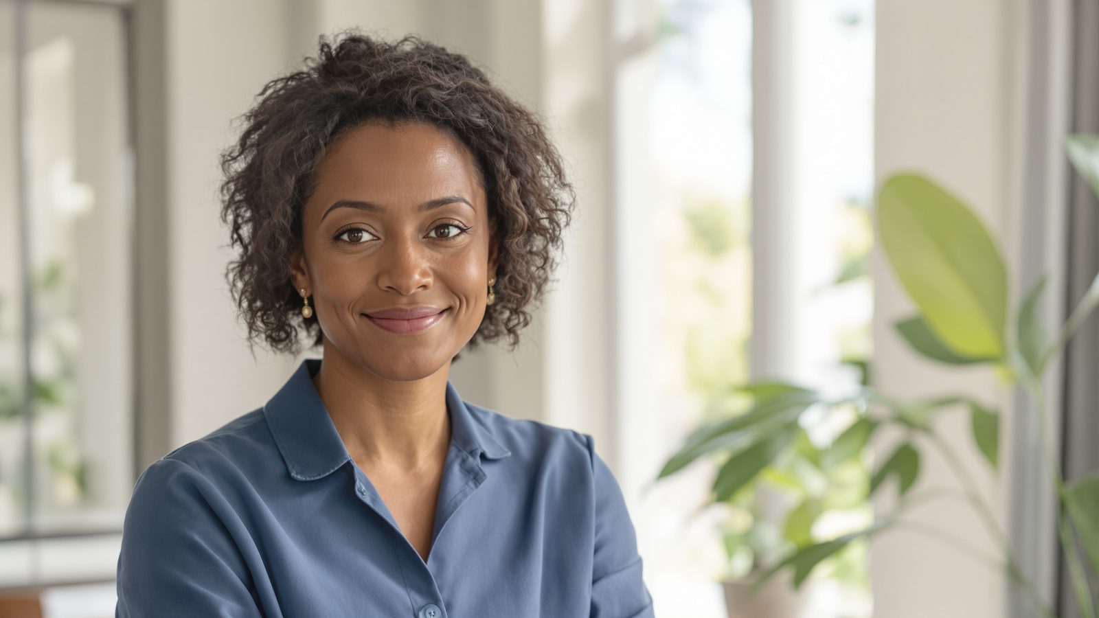 A calm person in a bright, minimalist wellness setting, candid lifestyle moment